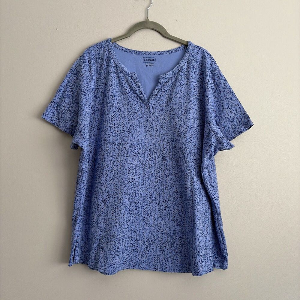 LL Bean Womens Plus Size 3X Blue Floral Split Neck Top 100% Cotton Casual